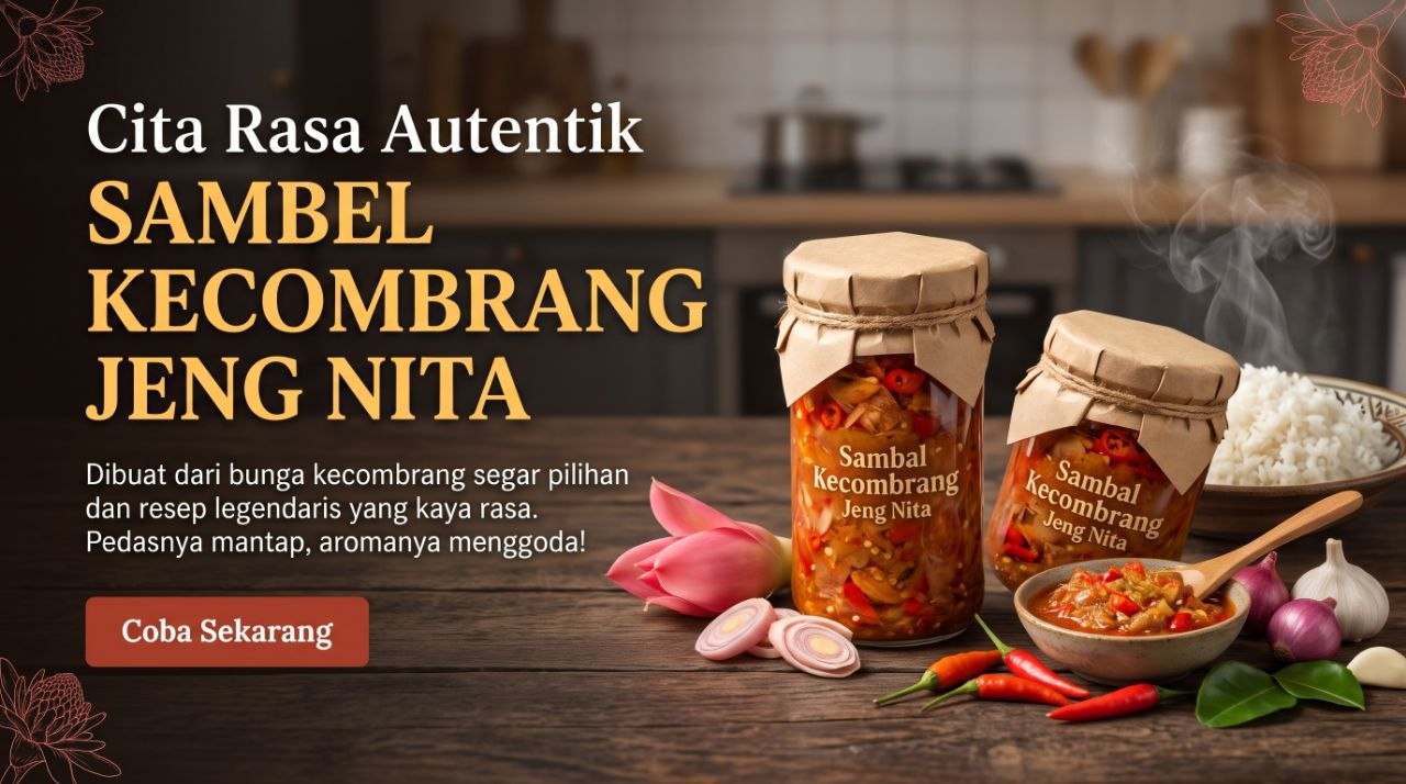 Cita Rasa Autentik — Sambel Kecombrang Jeng Nita. Dua botol sambel bersama bunga kecombrang, cabai, dan nasi. Coba sekarang.