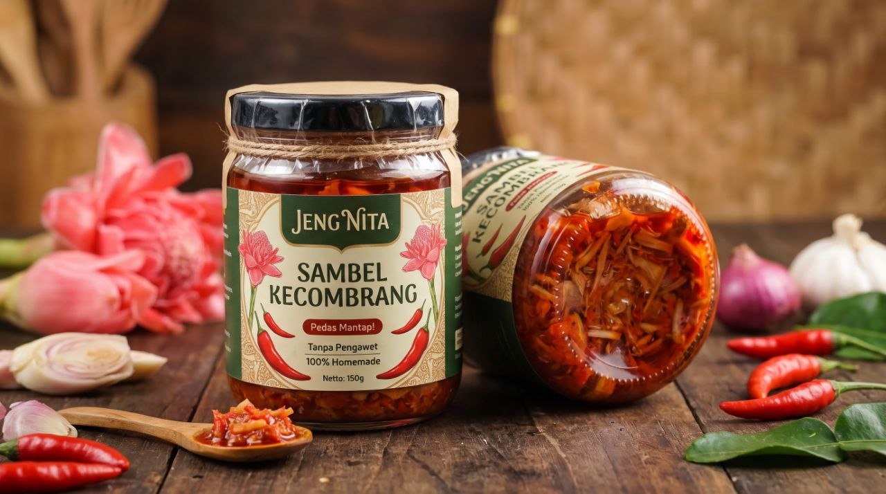 Dua toples kaca Sambel Kecombrang Jeng Nita berisi sambal cabai dan kecombrang, dikelilingi cabai rawit, bawang merah, bawang putih, dan daun jeruk